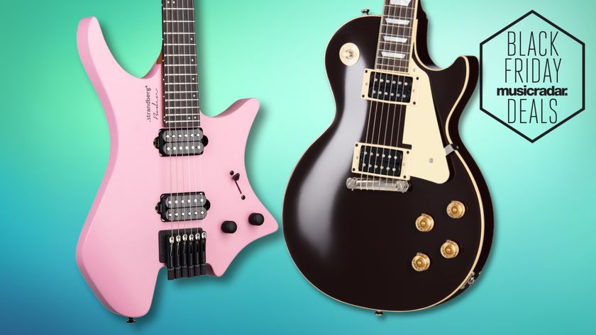 A Strandberg and Epiphone electric guitars on a blue/green background