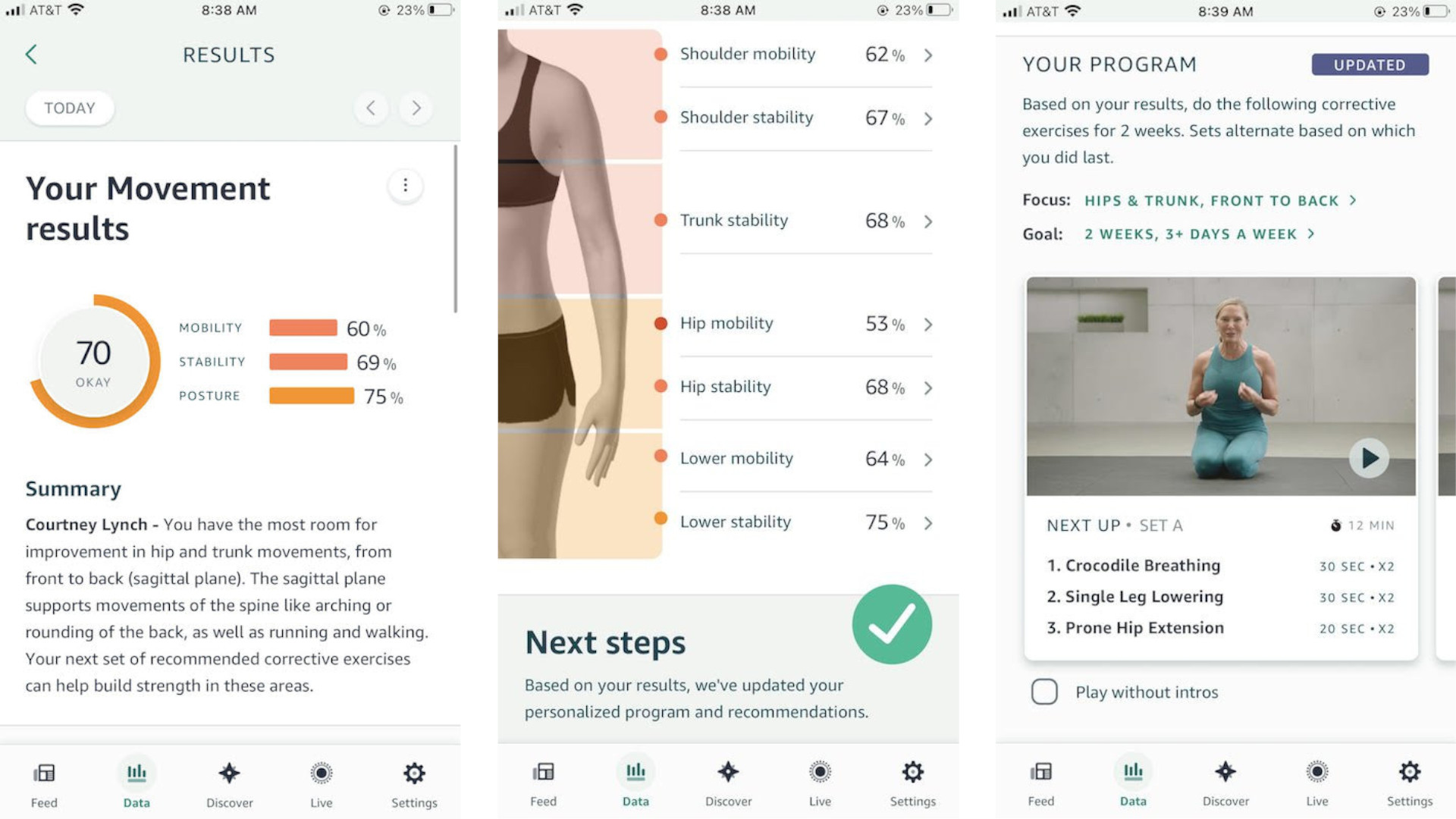 Amazon Halo View app screenshots: Movement results, body composition, and guided programs