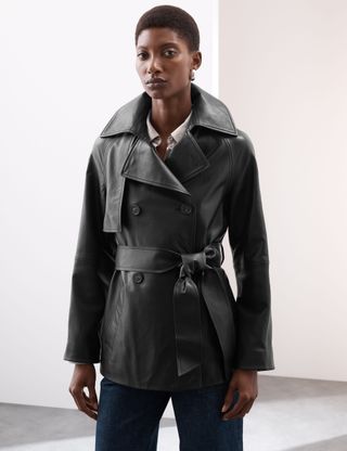 Pure Leather Belted Cropped Trench