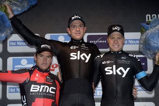 The podium included Ian Stannard (Team Sky), Greg Van Avermaet (BMC Racing Team) and Edvald Boasson Hagen (Team Sky)
