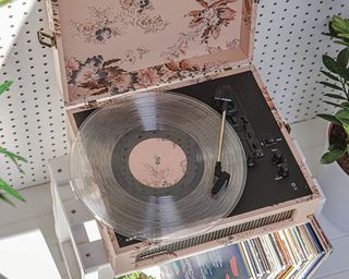 Crosley Voyager Record Player in pink floral with transparent record