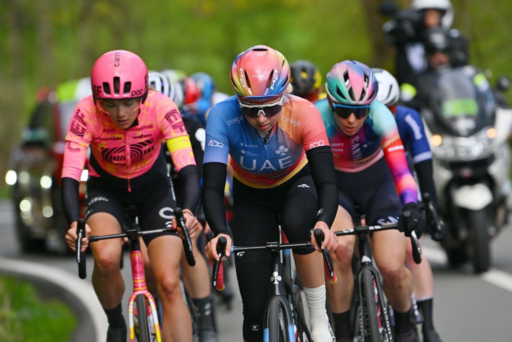 LIEGE BELGIUM APRIL 24 Mikayla Harvey of New Zealand and UAE Team ADQ competes in the breakaway during the 8th Liege Bastogne Liege Femmes 2024 a 1529km one day race from Bastogne to Liege UCIWWT on April 24 2024 in Liege Belgium Photo by Luc ClaessenGetty Images