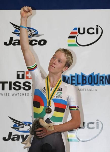 Cameron Meyer (Australia) celebrates his victory in the Men's Points Race Final.