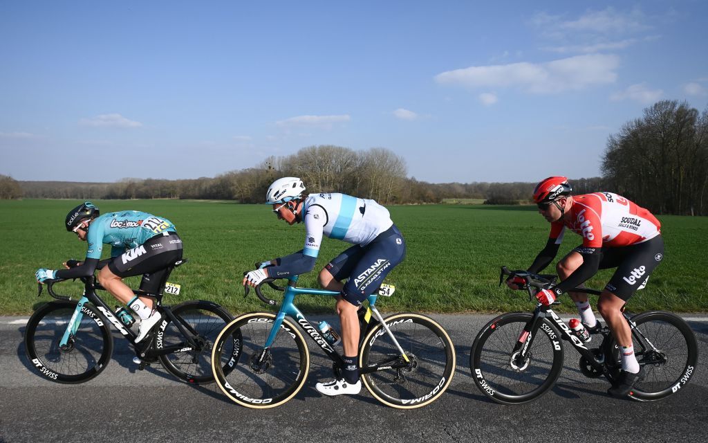 BB Hotels KTMs French rider Alexis Gougeard L Astana Qazaqstan Teams Kazakh rider Yevgeniy Fedorov C and Lotto Soudals Belgian rider Frederik Frison R compete during the 1st stage of the 80th edition of the Paris Nice cycling race 160 km between ManteslaVille and ManteslaVille on March 6 2022 Photo by FRANCK FIFE AFP Photo by FRANCK FIFEAFP via Getty Images