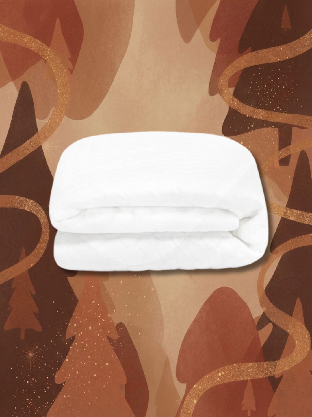 Brooklyn Bedding Luxury Mattress Protector on brown graphic background with abstract Christmas trees and glitter