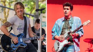 Left-Keith Urban performing on stage; Right-John Mayer performs on stage at The O2 Arena on October 13, 2019 in London, England