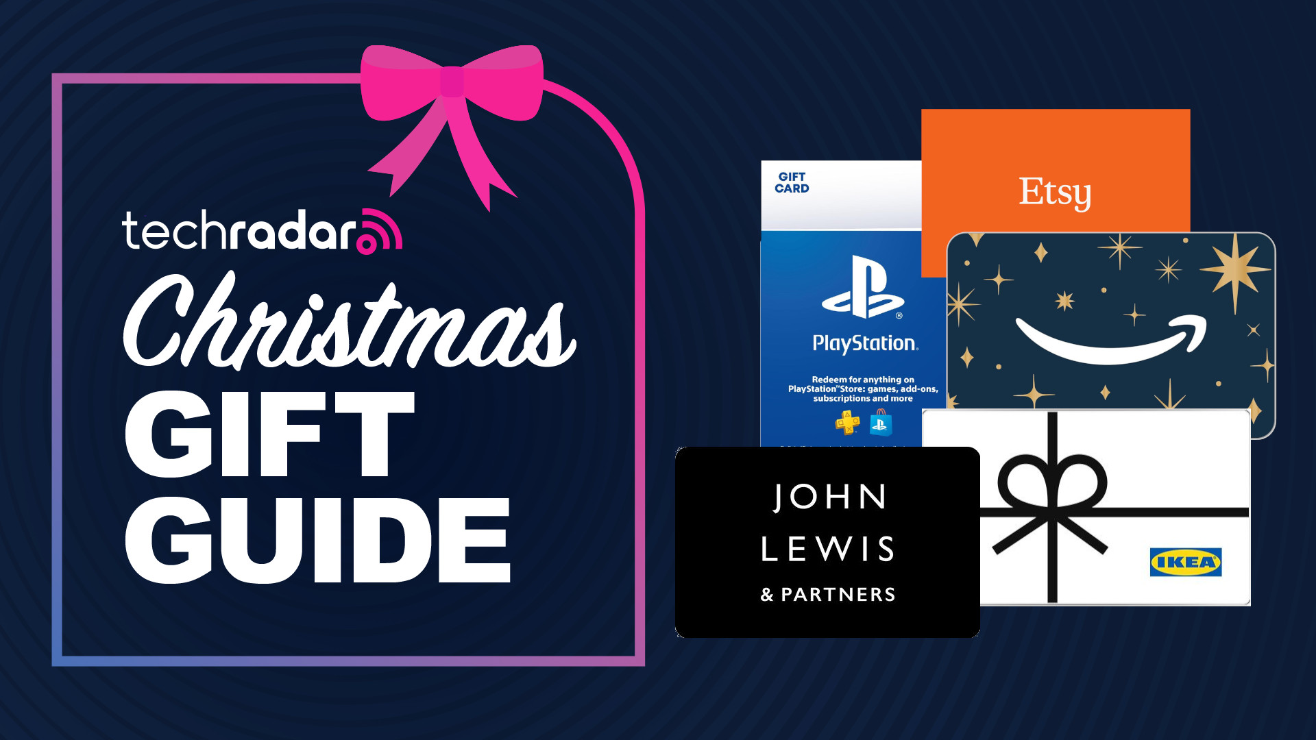 Collage of gift cards at various UK retailers and services, including Amazon, PlayStation, Ikea, and John Lewis.
