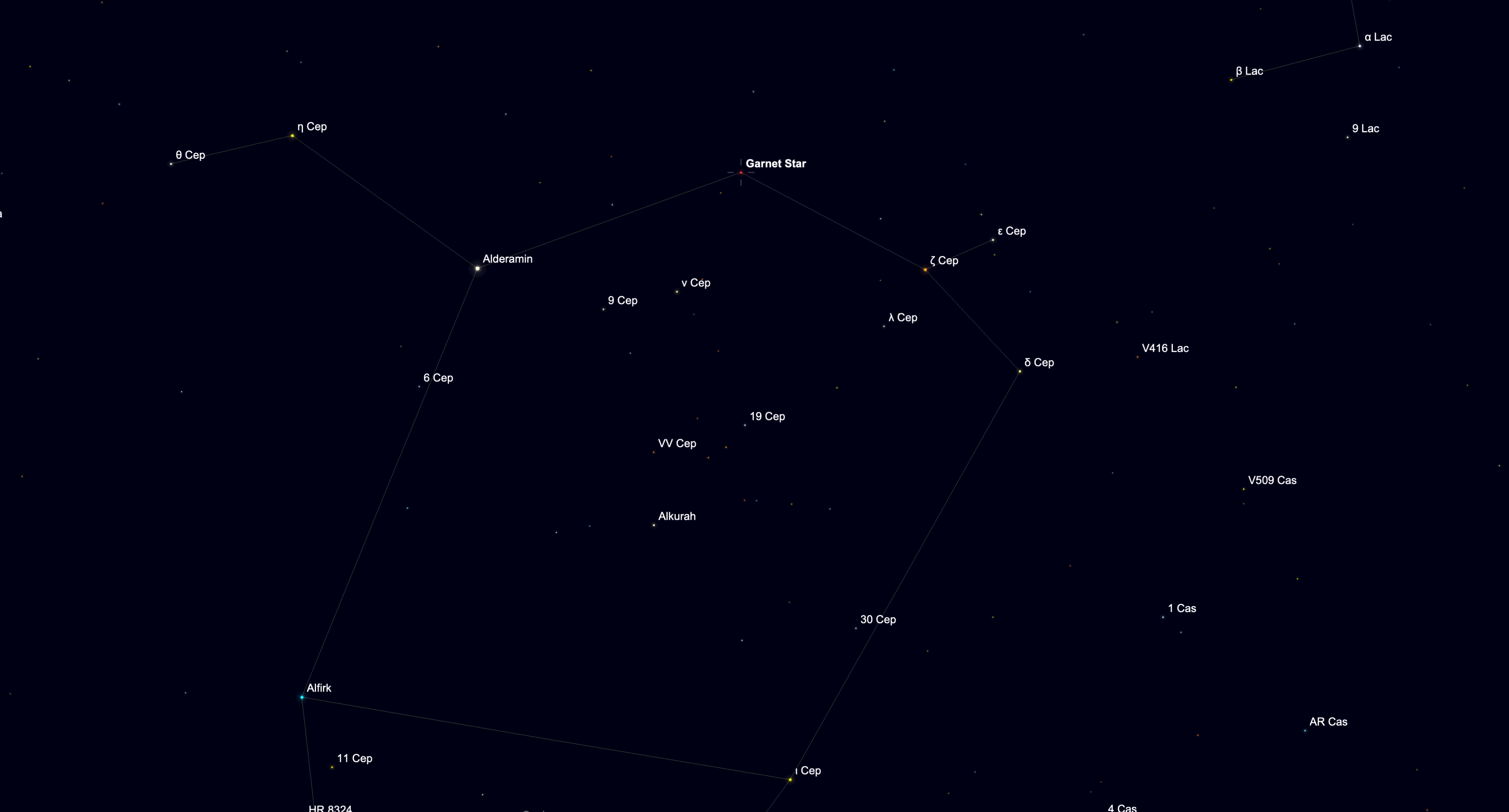 Star chart showing the location of the Garnet Star, Mu Cephei, in the constellation Cepheus on Sept. 15, 2026.