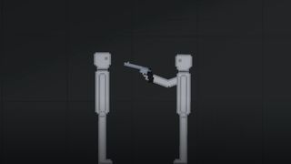 A humanoid ragdoll pointing a gun at the head of another in People Playground.