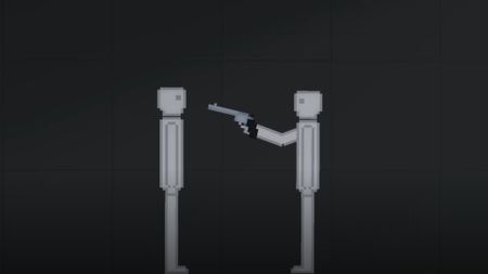 A humanoid ragdoll pointing a gun at the head of another in People Playground.