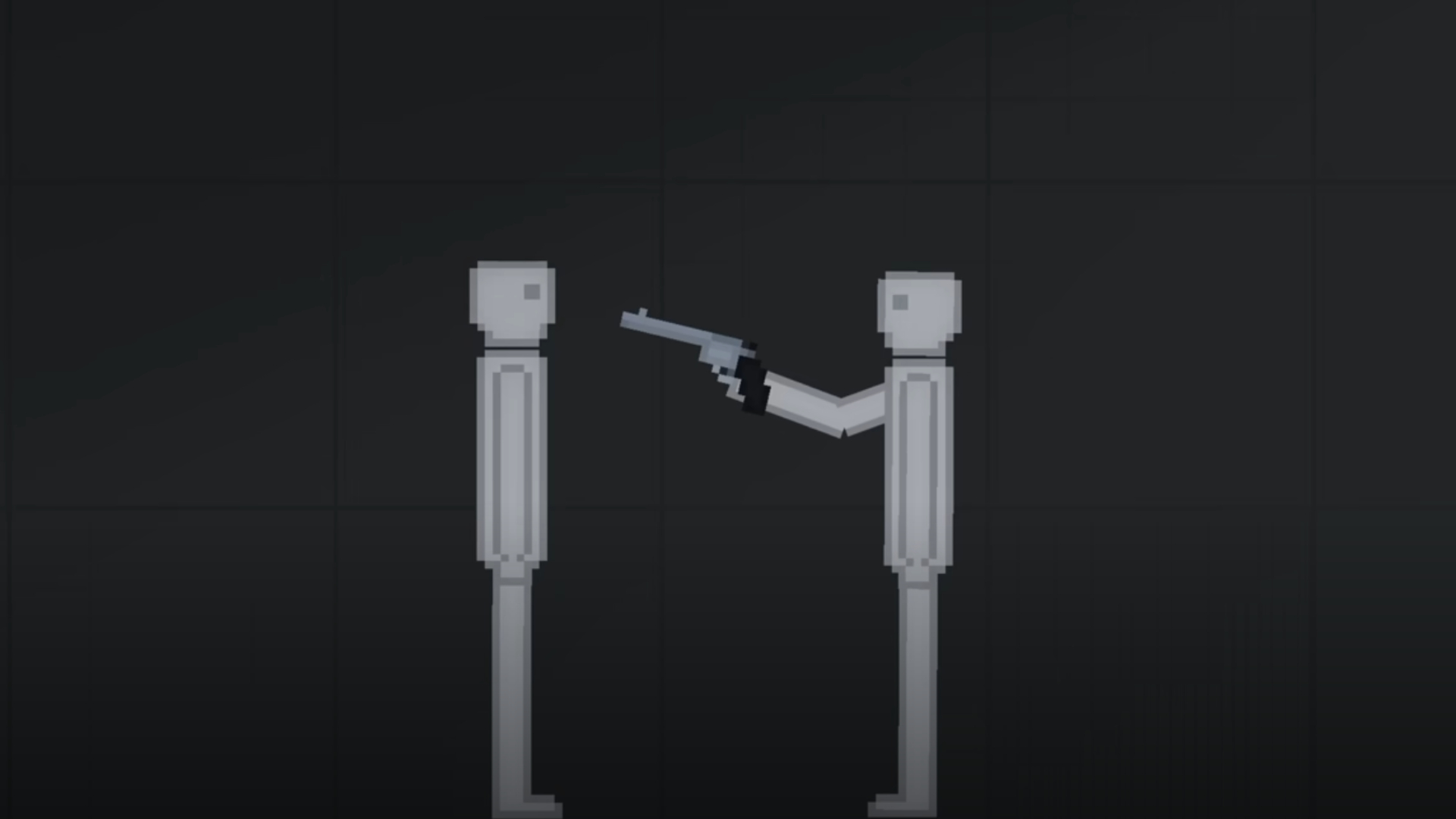 A humanoid ragdoll pointing a gun at the head of another in People Playground.