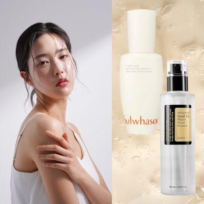 a woman with glowing skin and dark hair on a light yellow background with two bottles of korean skincare products