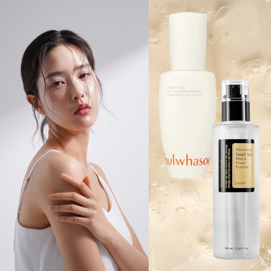 a woman with glowing skin and dark hair on a light yellow background with two bottles of korean skincare products
