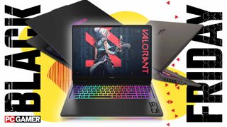 Lenovo, MSI, and HP Omen gaming laptops on an abstract Black Friday background
