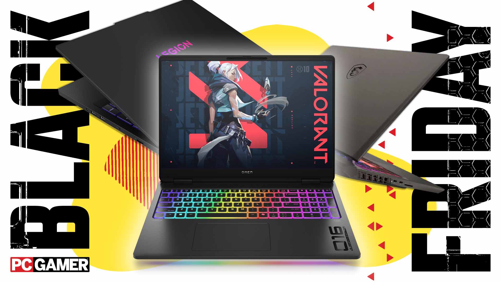 Lenovo, MSI, and HP Omen gaming laptops on an abstract Black Friday background