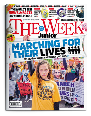 The Week Junior cover showing young girl standing at the forefront of protestors