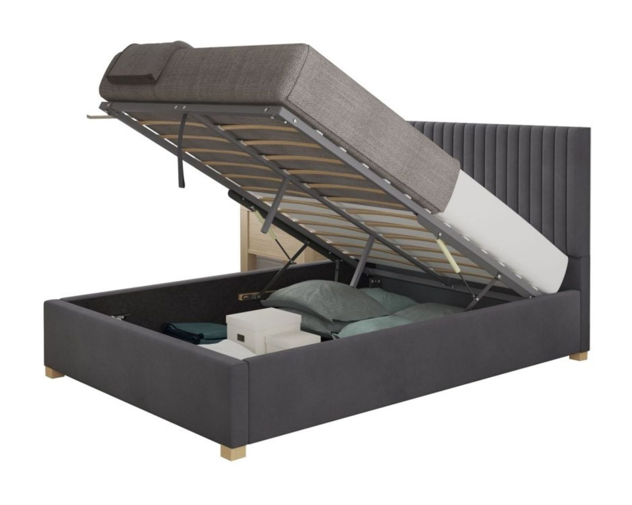 Piccadilly King Size Ottoman Bed in Grey Velvet, with storage on show