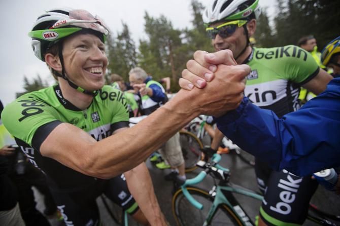 Sep Vanmarcke celebrates his Norway stage win with his Belkin teammates
