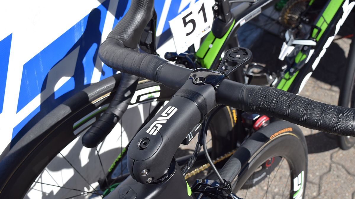 The faceplate on the race bike's stem had a glossy black finish