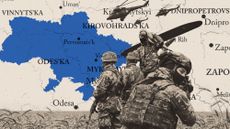 Photo composite illustration of European soldiers an helicopters alongside a map of Ukraine