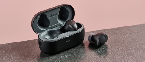 Right earbud of the LG Tone Free T90S in charging case with left earbud on counter