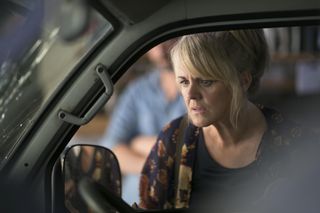 Jean (Sally Lindsay) examines the crashed van that husband Rory was driving when he died