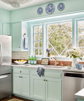 Mint green kitchen decorated with antique blue and white plates on the wall