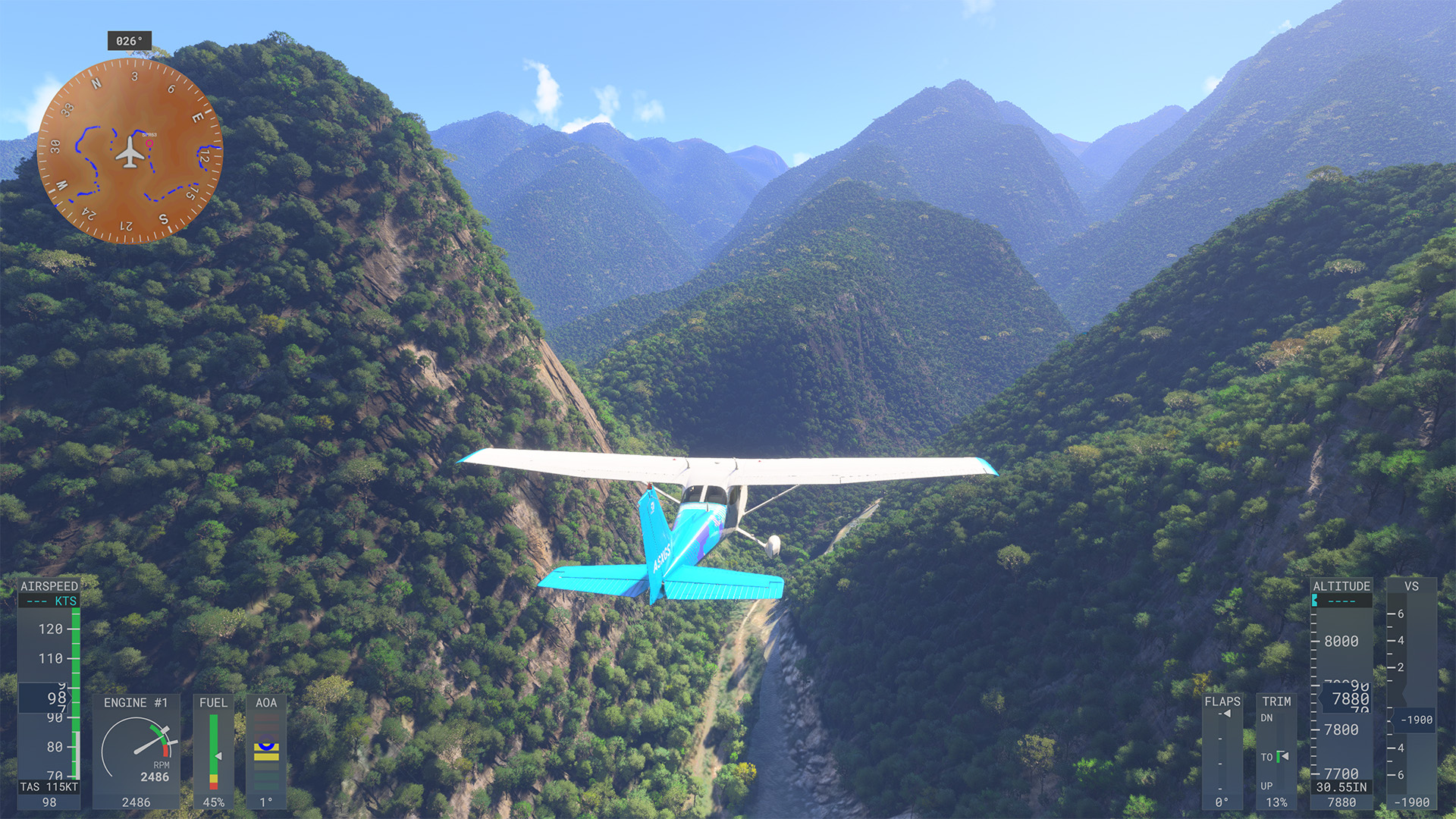 A Cessna 172 flies between giant, forested hills in Peru.
