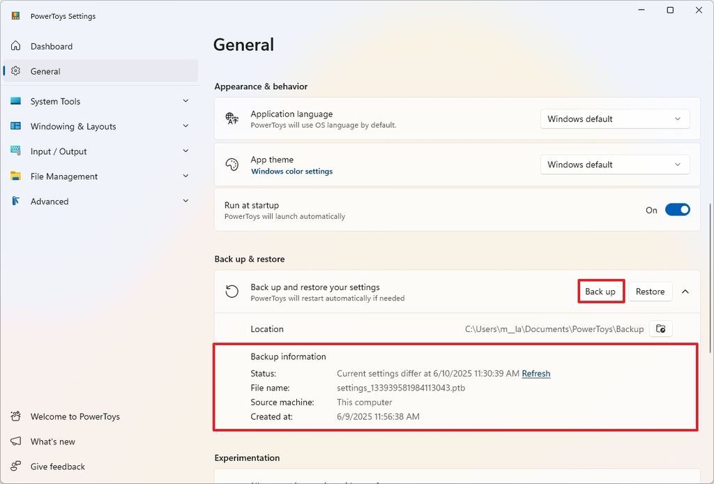 PowerToys backup option