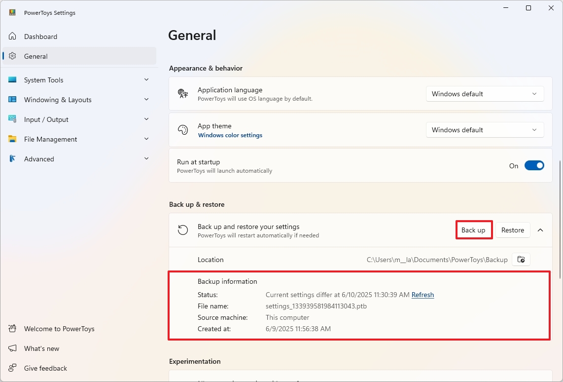 PowerToys backup option