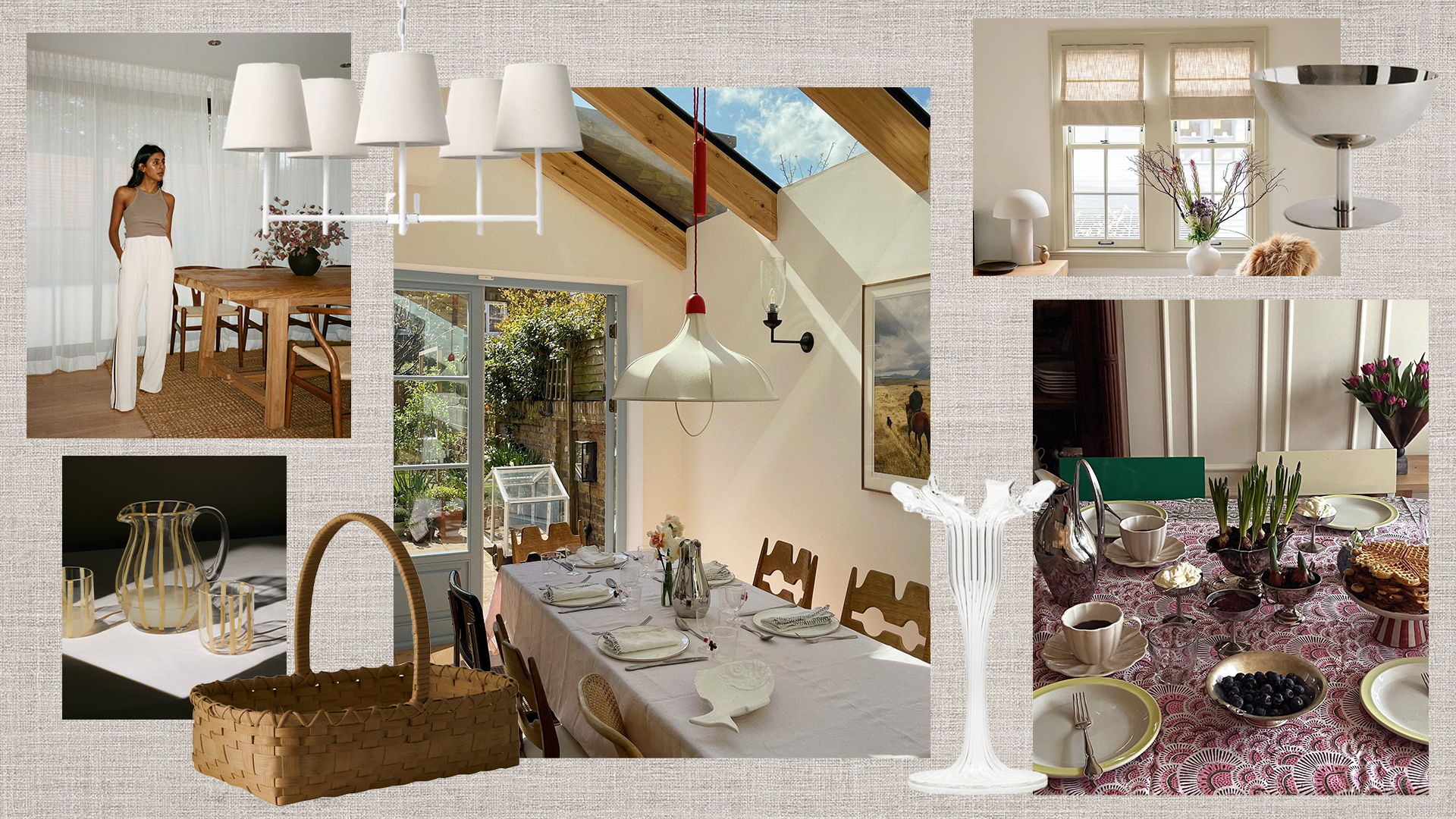 home decor collage featuring chic dining room inspiration, a linen shade chandelier, woven basket, glass candle stick holder, and metal cup