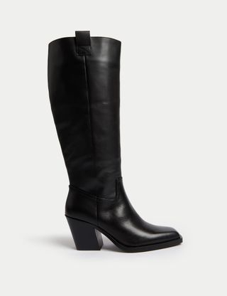 Leather Cow Boy Block Heel Knee High Boots