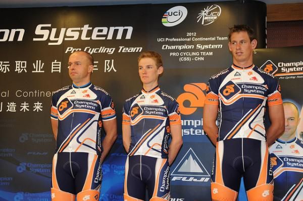 Champion System Pro Cycling Team riders (left to right) Jaan Kirsipuu (Estonia) Chris Butler (United States) and Avery Clinton (New Zealand) were introduced.