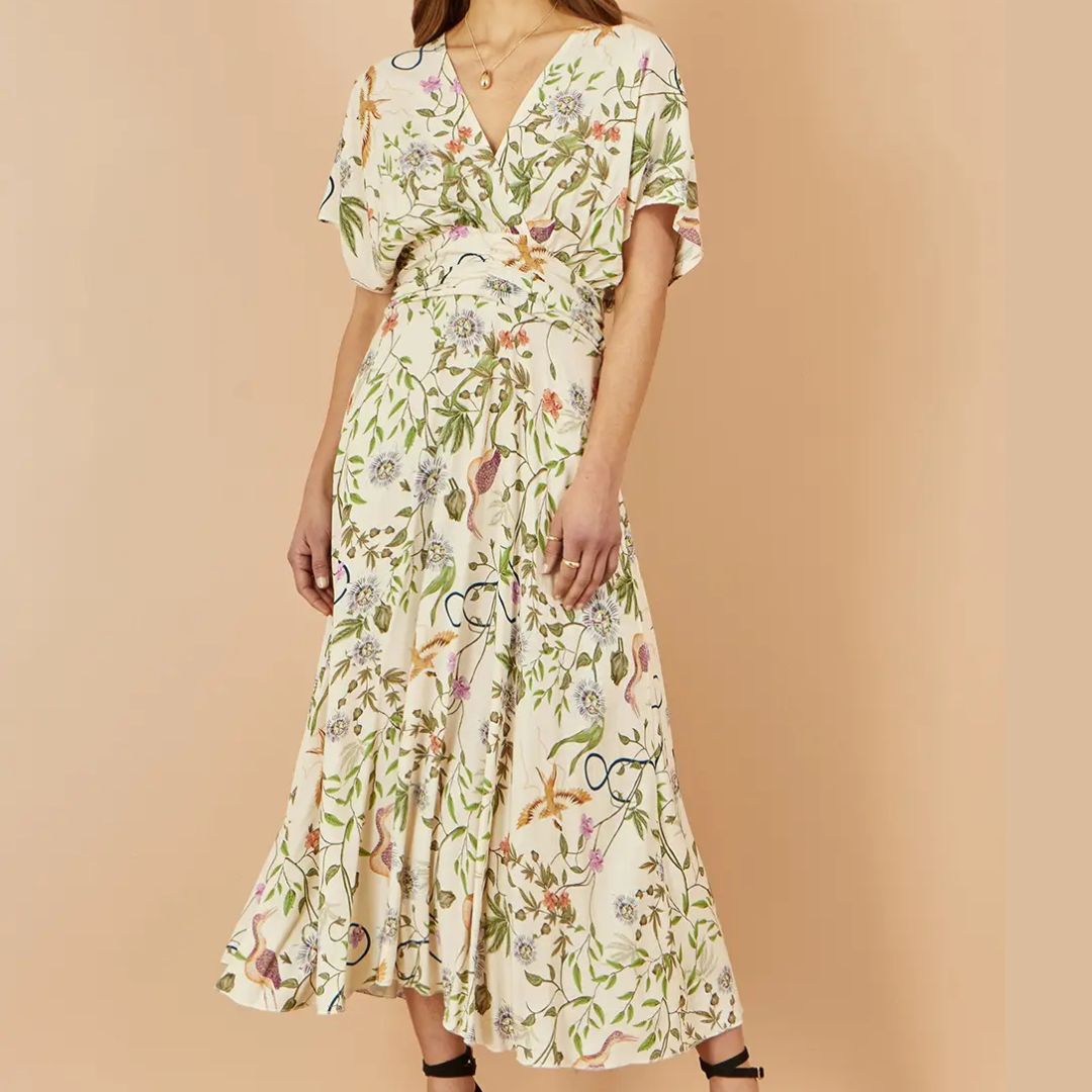 Yumi Ivory Floral Print Ruched Waist Midi Dress