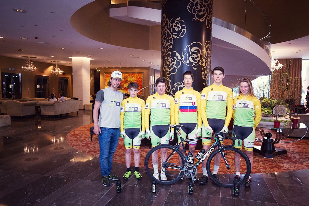 Peter Sagan stands with Cys Zilina riders at the presentation on Monday.