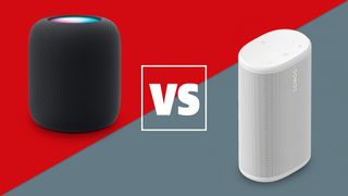 A black Apple HomePod 2 and white Sonos Play speaker on a red and grey background with a white versus sign between them.