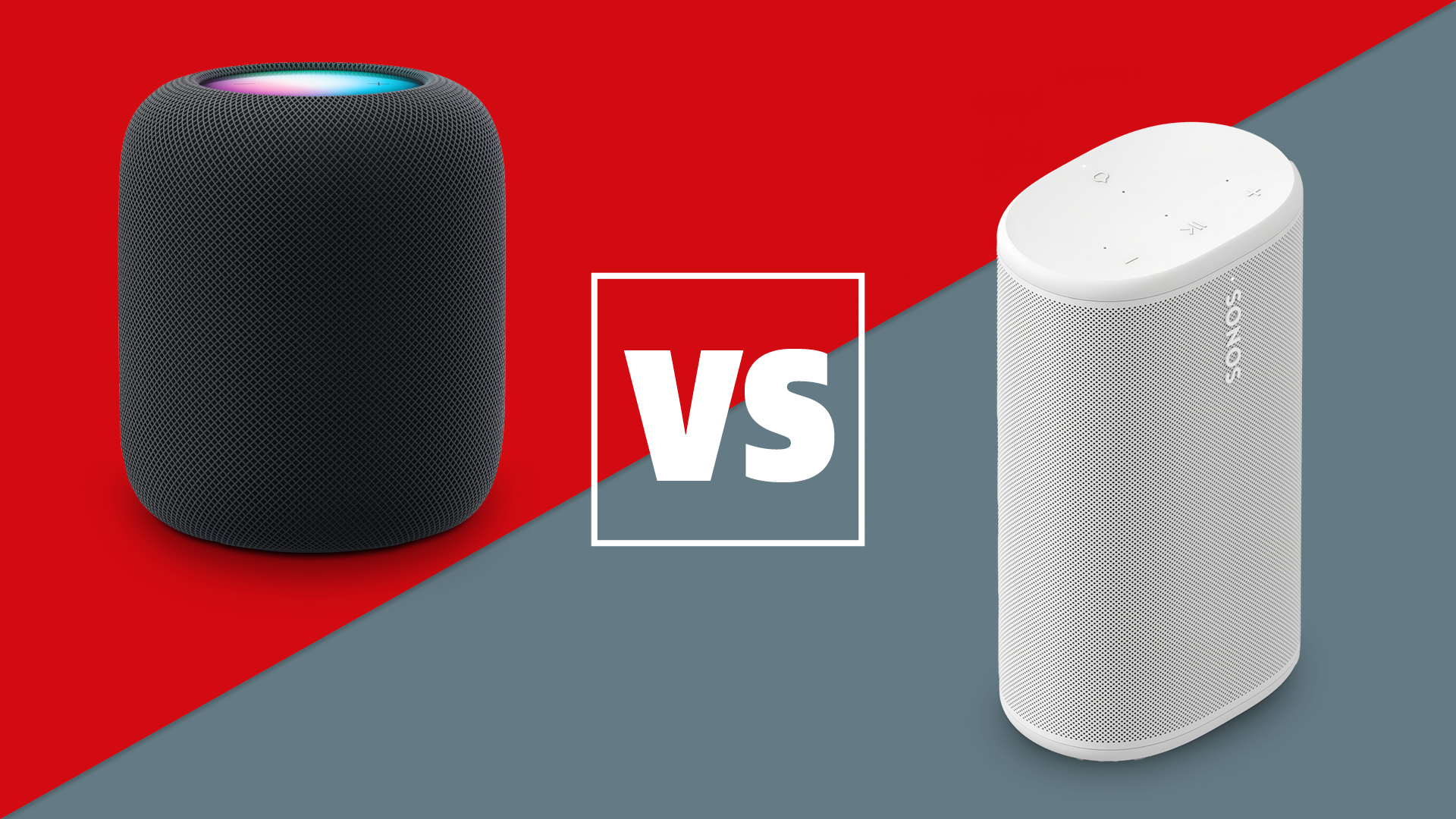 A black Apple HomePod 2 and white Sonos Play speaker on a red and grey background with a white versus sign between them.
