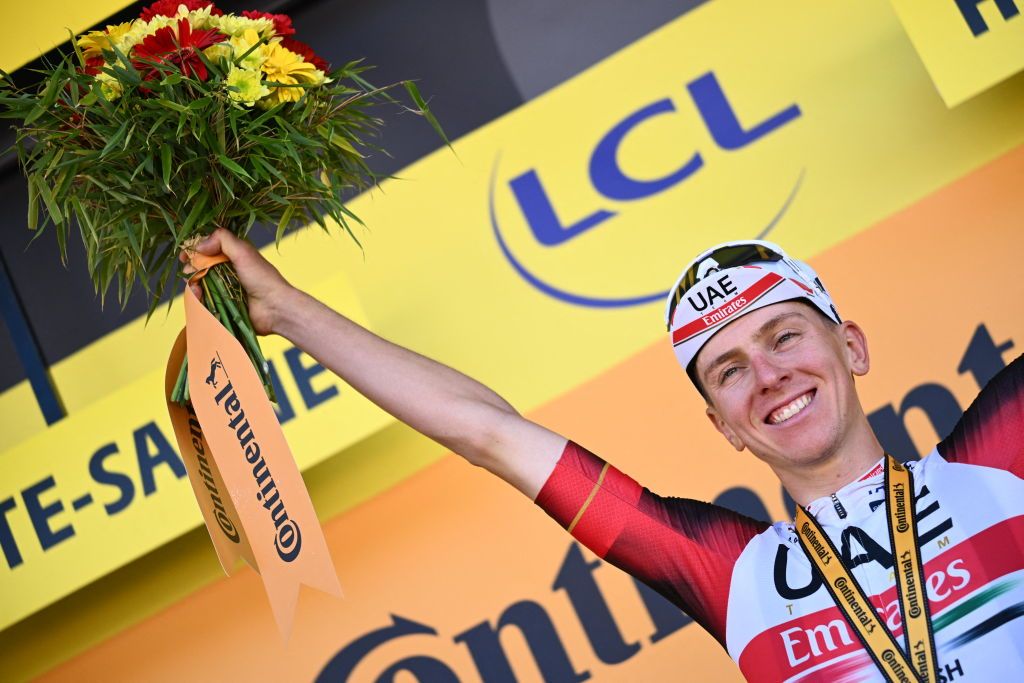 Slovenian Tadej Pogacar of UAE Team Emirates celebrates on the podium after winning stage seven of the Tour de France cycling race a 176 km race from Tomblaine to La Super Planche des Belles Filles France on Friday 08 July 2022 This years Tour de France takes place from 01 to 24 July 2022 BELGA PHOTO POOL JASPER JACOBS UK OUT Photo by JASPER JACOBS BELGA MAG Belga via AFP Photo by JASPER JACOBSBELGA MAGAFP via Getty Images