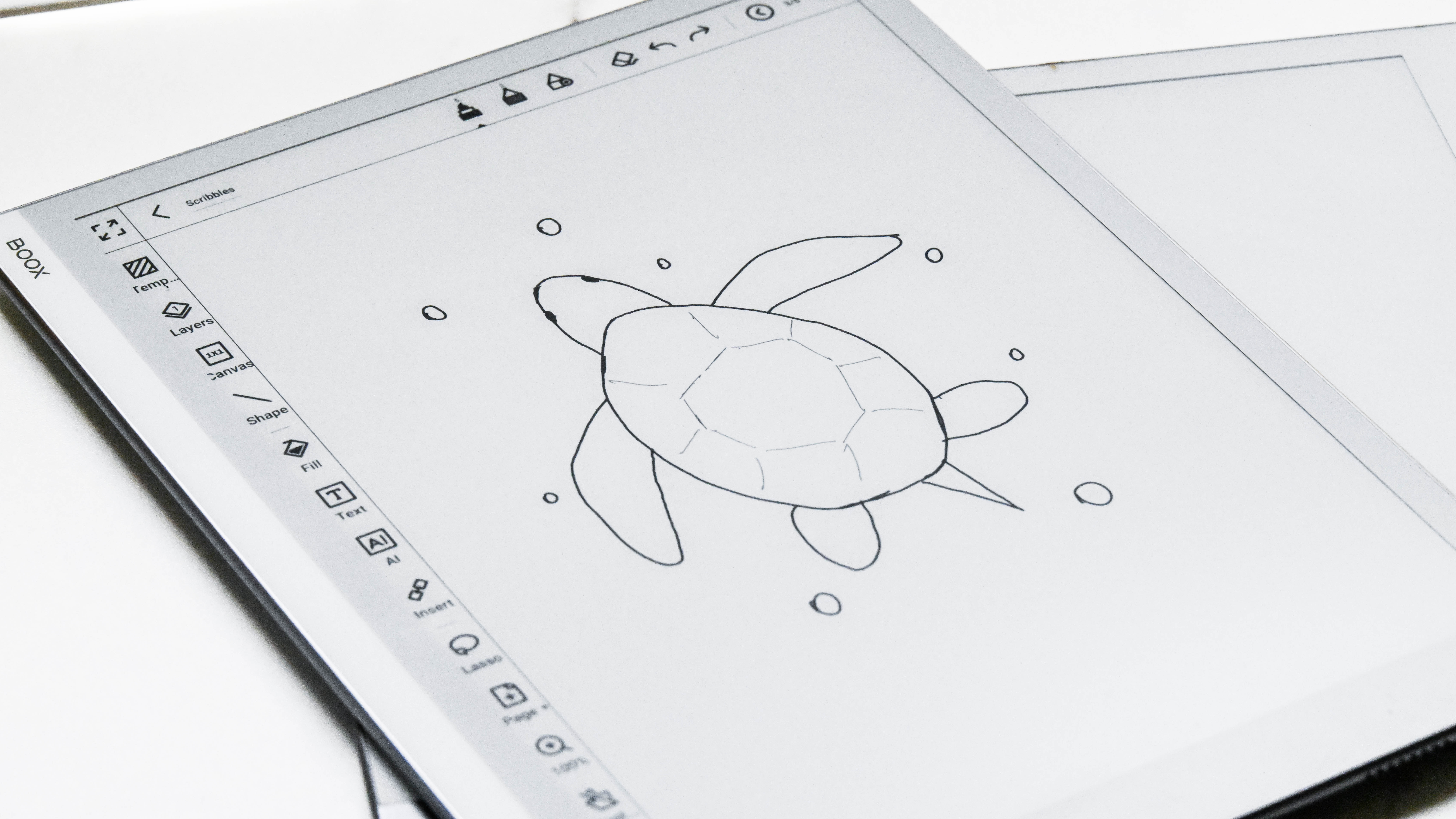 A drawing of a turtle on the Onyx Boox Go 10.3 e-paper tablet