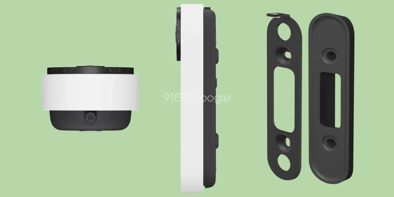 Renders of the 2nd-gen Nest Doorbell in white with wall mounts