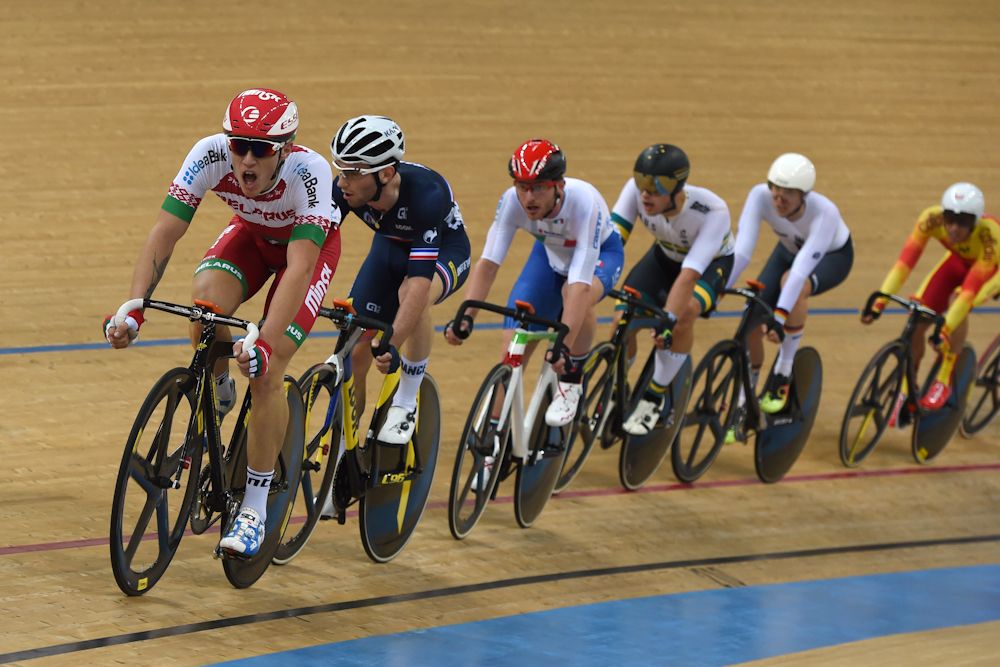 Competitors take part during the men's omnium elimination race 3/4 at the Hong Kong Velodrome during the Track Cycling World Championships