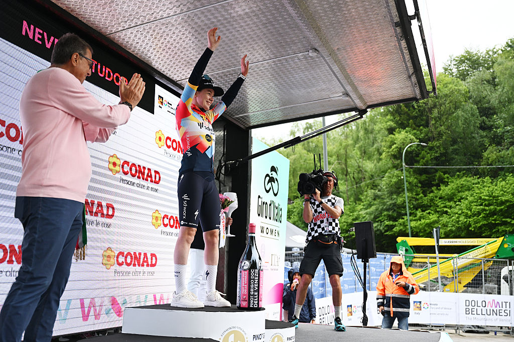 Anna van der Breggen (SD Worx - Protime) celebrates after winning stage 4 of the Giro d'Italia Women a 12.7km individual time trial stage from Belluno to Nevegal. (Photo by Luc Claessen/Getty Images)