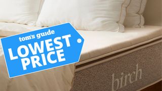 Image shows the Birch Mattress Topper on an organic mattress, with a blue sales badge overlaid on the image