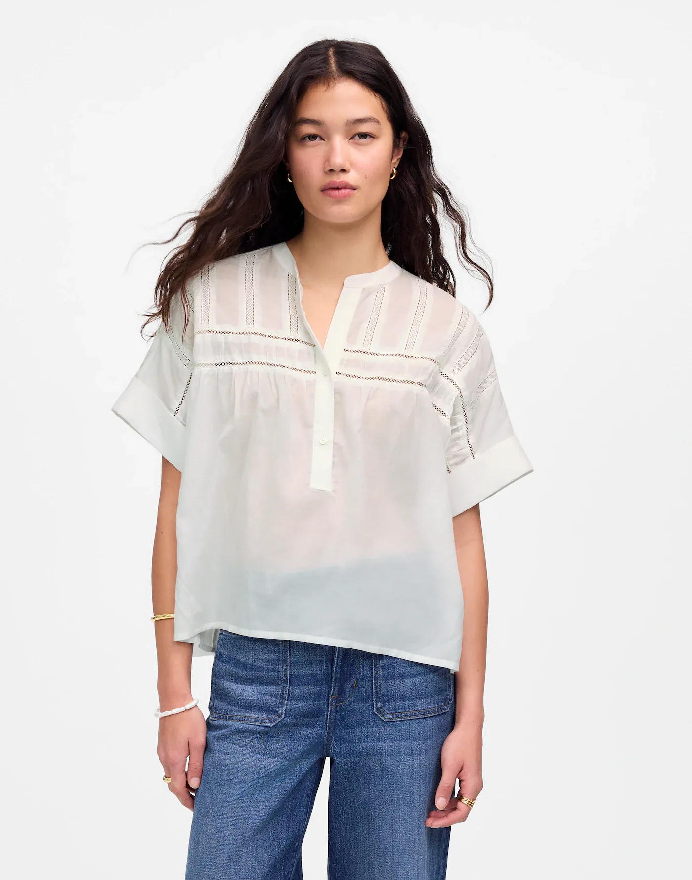 MW, Lace-Inset Pintucked Henley Top
