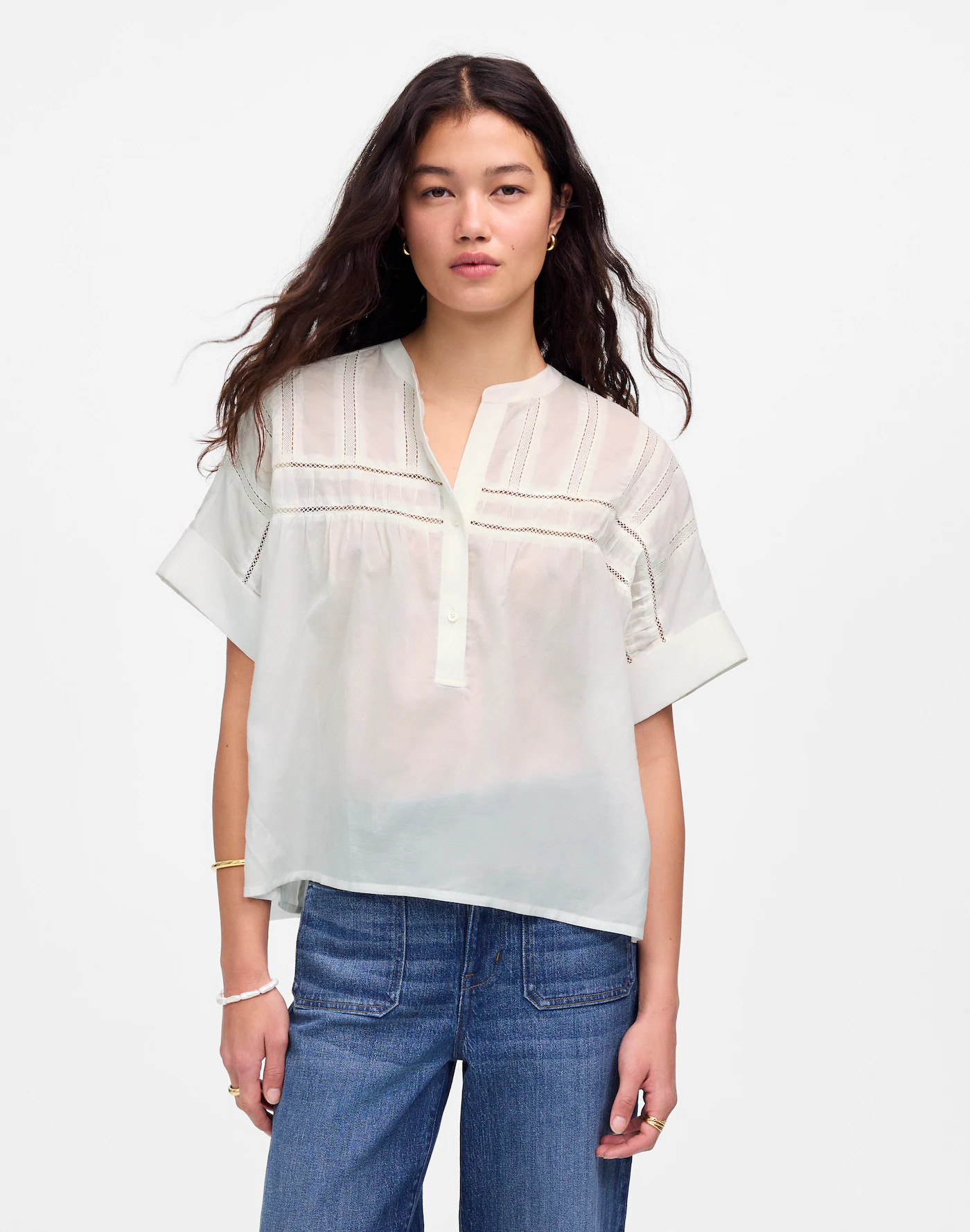 MW, Lace-Inset Pintucked Henley Top