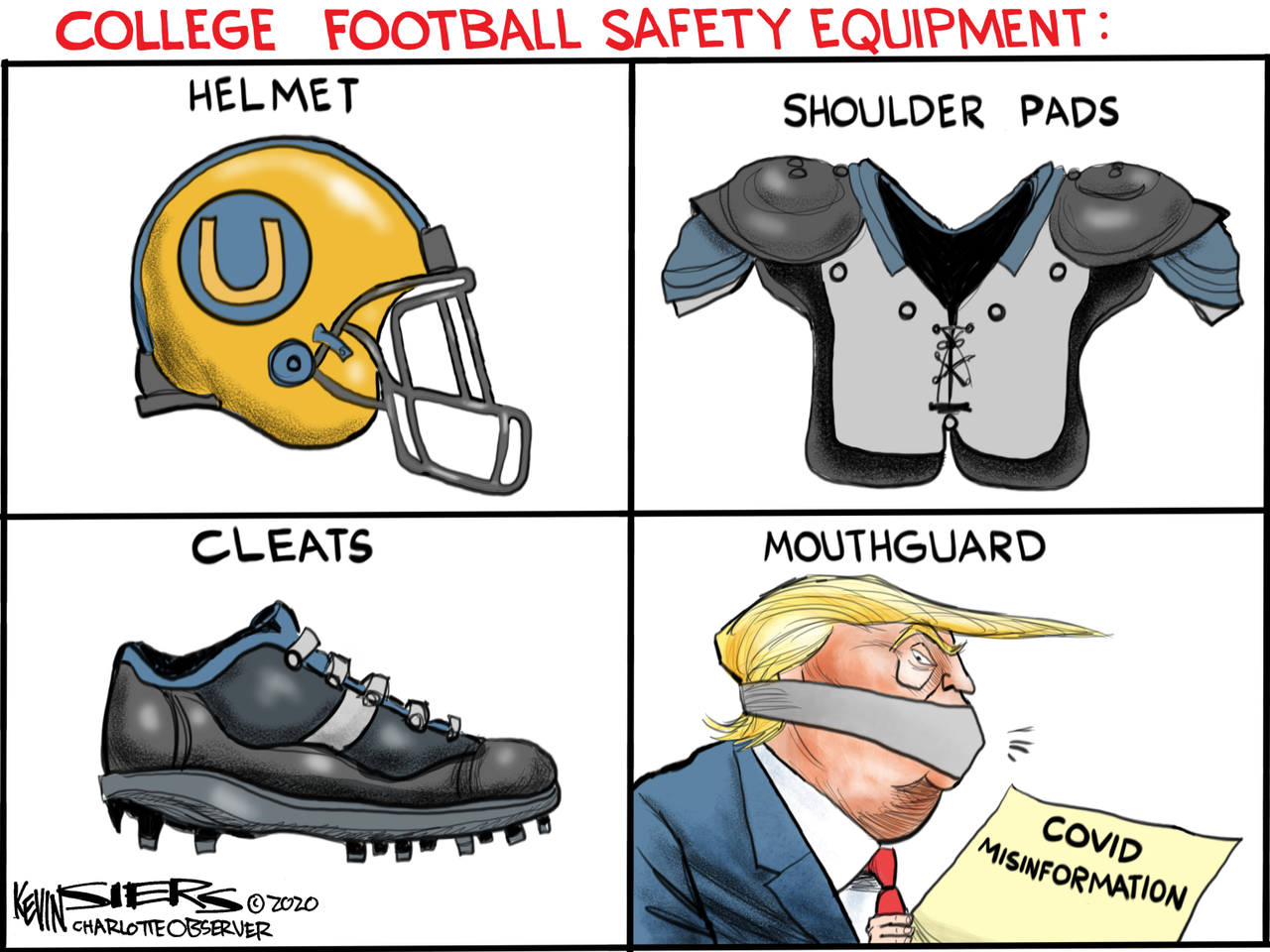 Political Cartoon U.S President Trump Mouth Guard Coronavirus Canceled Football