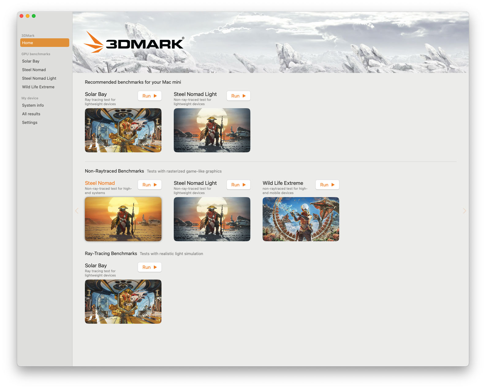 Test selection screen in 3DMark on macOS.