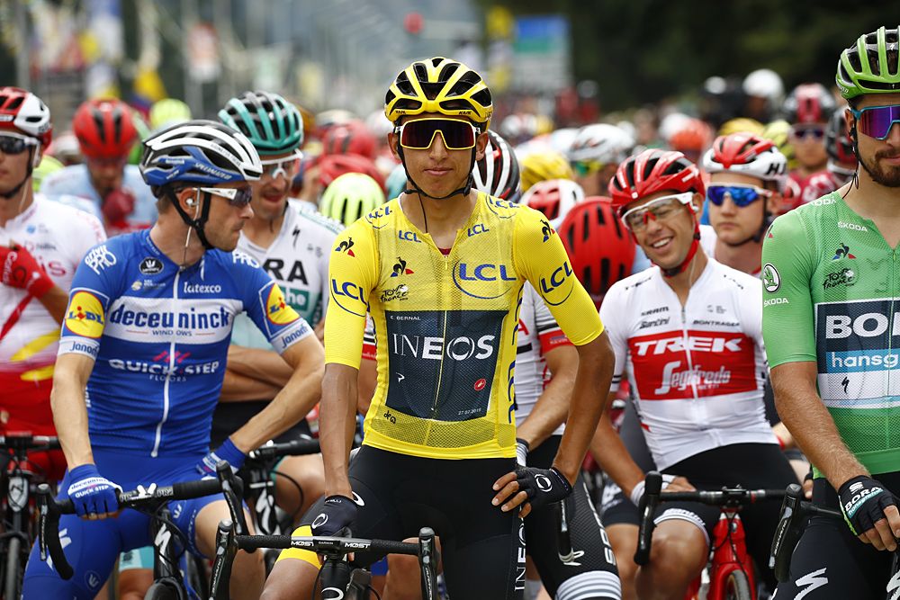 Egan Bernal (Team Ineos) wears the yellow jersey at the start of stage 20 at the Tour de France