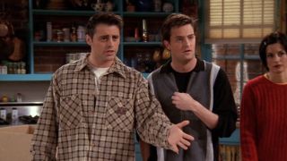 Joey and Chandler explaining that they won the bet with Monica looking sad behind them.