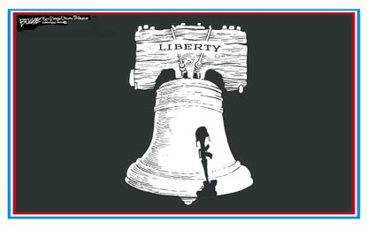 Political cartoon U.S. Memorial Day Liberty Bell crack